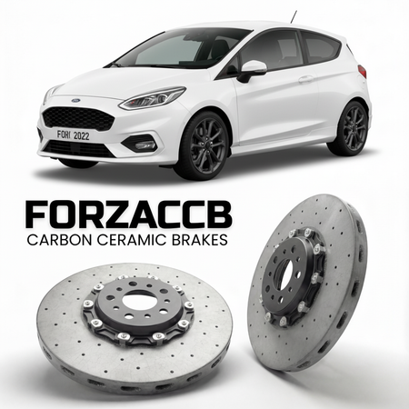 ForzaCCB direct OEM replacement carbon ceramic brake rotors for 2021-2022 3 door) Ford Fiesta VIII (Mk8, facelift 2022 models, shown with a white Ford Fiesta car.
