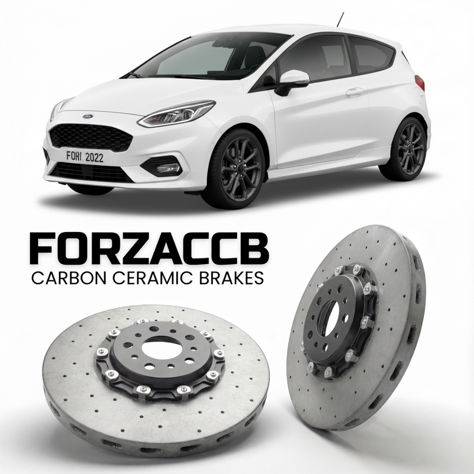 ForzaCCB direct OEM replacement carbon ceramic brake rotors for 2021-2022 3 door) Ford Fiesta VIII (Mk8, facelift 2022 models, shown with a white Ford Fiesta car.