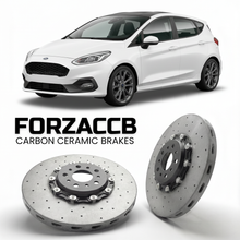 ForzaCCB direct OEM replacement carbon ceramic brake rotors for 2021-2023 5 door) Ford Fiesta VIII (Mk8, facelift 2022 models, shown with a white Ford Fiesta car.