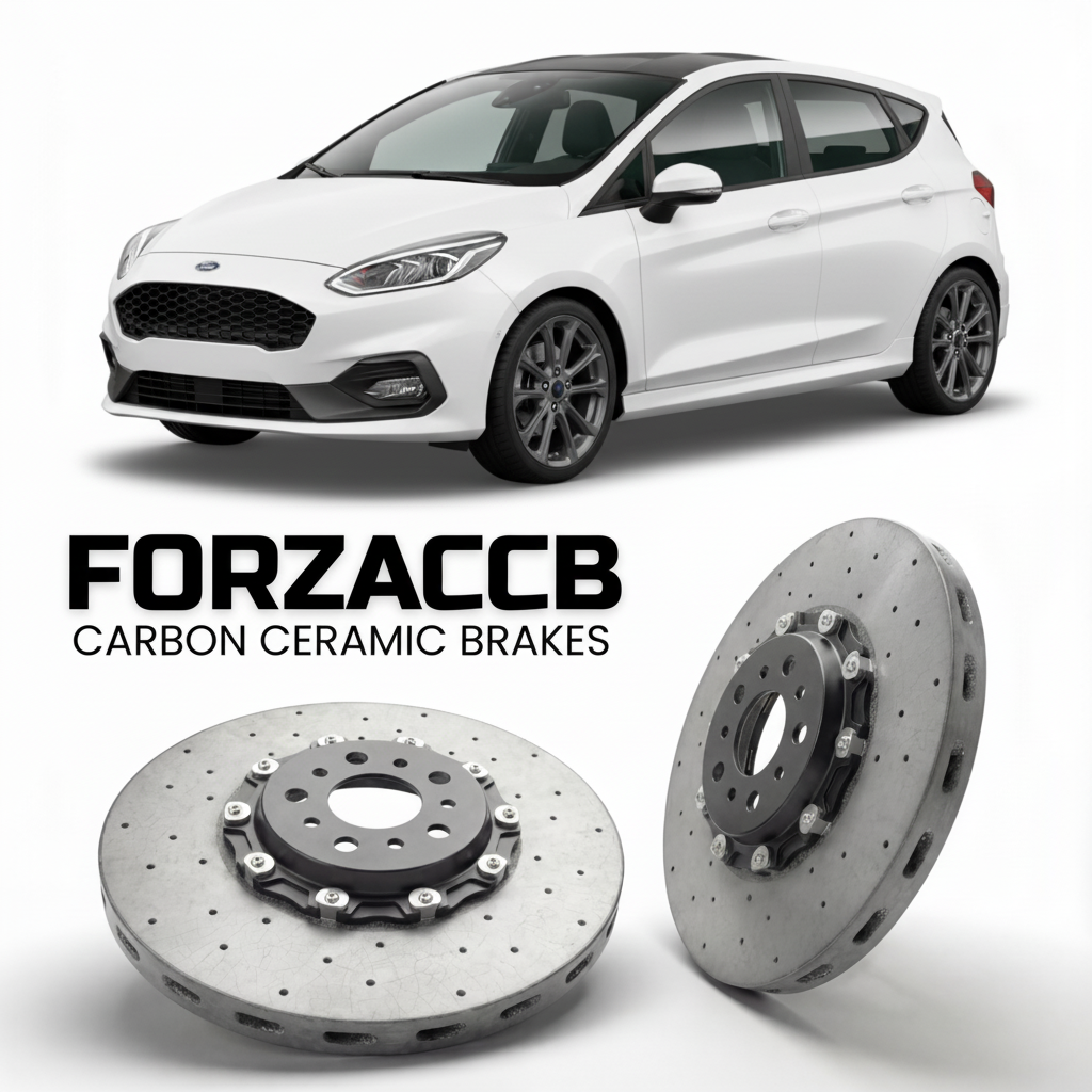 ForzaCCB direct OEM replacement carbon ceramic brake rotors for 2021-2023 5 door) Ford Fiesta VIII (Mk8, facelift 2022 models, shown with a white Ford Fiesta car.