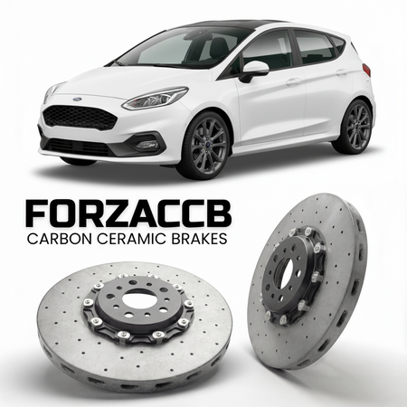 ForzaCCB direct OEM replacement carbon ceramic brake rotors for 2021-2023 5 door) Ford Fiesta VIII (Mk8, facelift 2022 models, shown with a white Ford Fiesta car.
