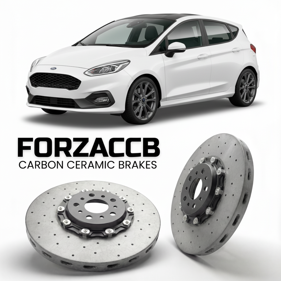 ForzaCCB direct OEM replacement carbon ceramic brake rotors for 2021-2023 5 door) Ford Fiesta VIII (Mk8, facelift 2022 models, shown with a white Ford Fiesta car.