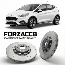 ForzaCCB direct OEM replacement carbon ceramic brake rotors for 2022-2023) Ford Fiesta Active VIII (Mk8, facelift 2022 models, shown with a white Ford Fiesta car.