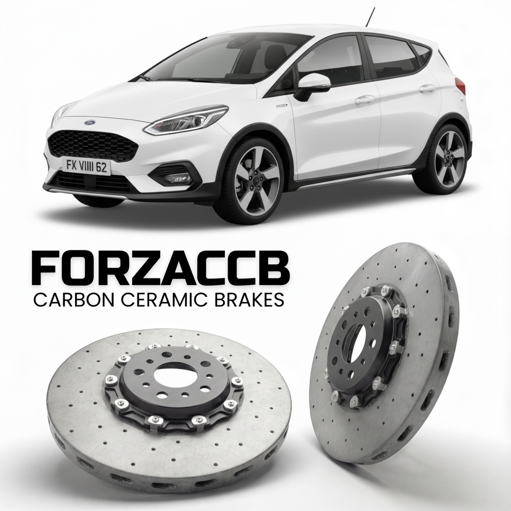 ForzaCCB direct OEM replacement carbon ceramic brake rotors for 2022-2023) Ford Fiesta Active VIII (Mk8, facelift 2022 models, shown with a white Ford Fiesta car.