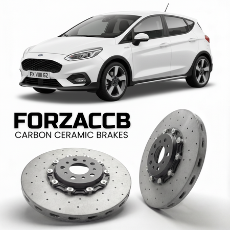 ForzaCCB direct OEM replacement carbon ceramic brake rotors for 2022-2023) Ford Fiesta Active VIII (Mk8, facelift 2022 models, shown with a white Ford Fiesta car.