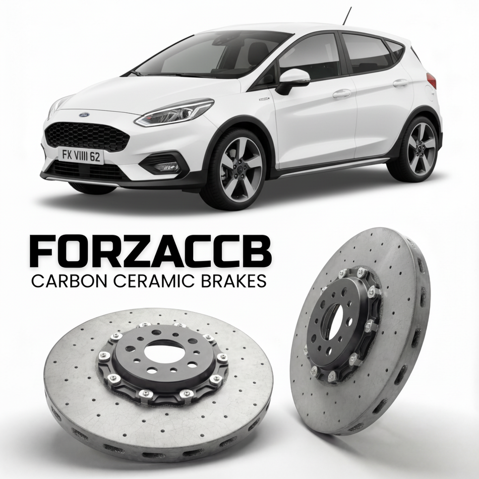 ForzaCCB direct OEM replacement carbon ceramic brake rotors for 2022-2023) Ford Fiesta Active VIII (Mk8, facelift 2022 models, shown with a white Ford Fiesta car.
