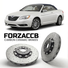 ForzaCCB direct OEM replacement carbon ceramic brake rotors for 2012 to 2014 Lancia Flavia JS models, shown with a white Lancia Flavia car.