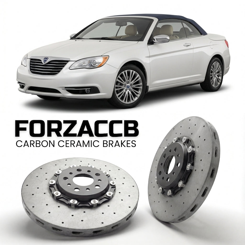 ForzaCCB direct OEM replacement carbon ceramic brake rotors for 2012 to 2014 Lancia Flavia JS models, shown with a white Lancia Flavia car.