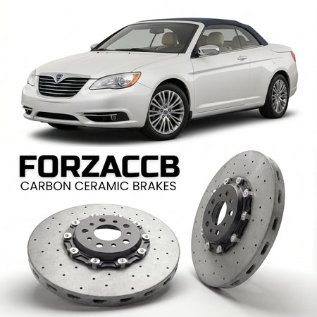 ForzaCCB direct OEM replacement carbon ceramic brake rotors for 2012 to 2014 Lancia Flavia JS models, shown with a white Lancia Flavia car.