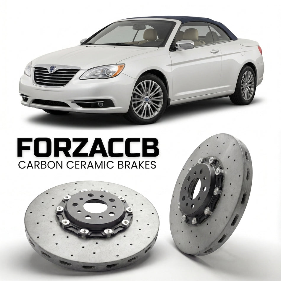 ForzaCCB direct OEM replacement carbon ceramic brake rotors for 2012 to 2014 Lancia Flavia JS models, shown with a white Lancia Flavia car.