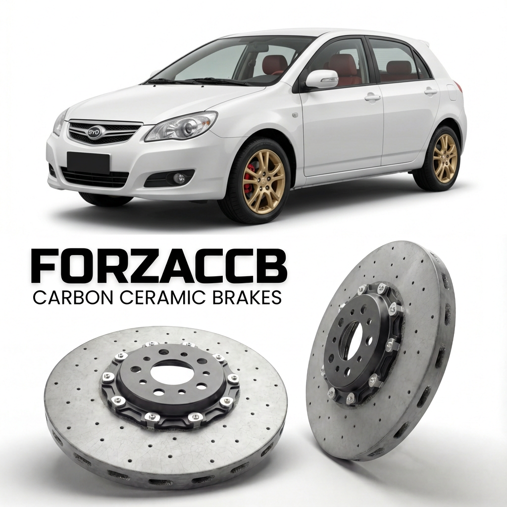 ForzaCCB direct OEM replacement carbon ceramic brake rotors for 2005 to 2008 BYD FLYER II models, shown with a white BYD FLYER II car.