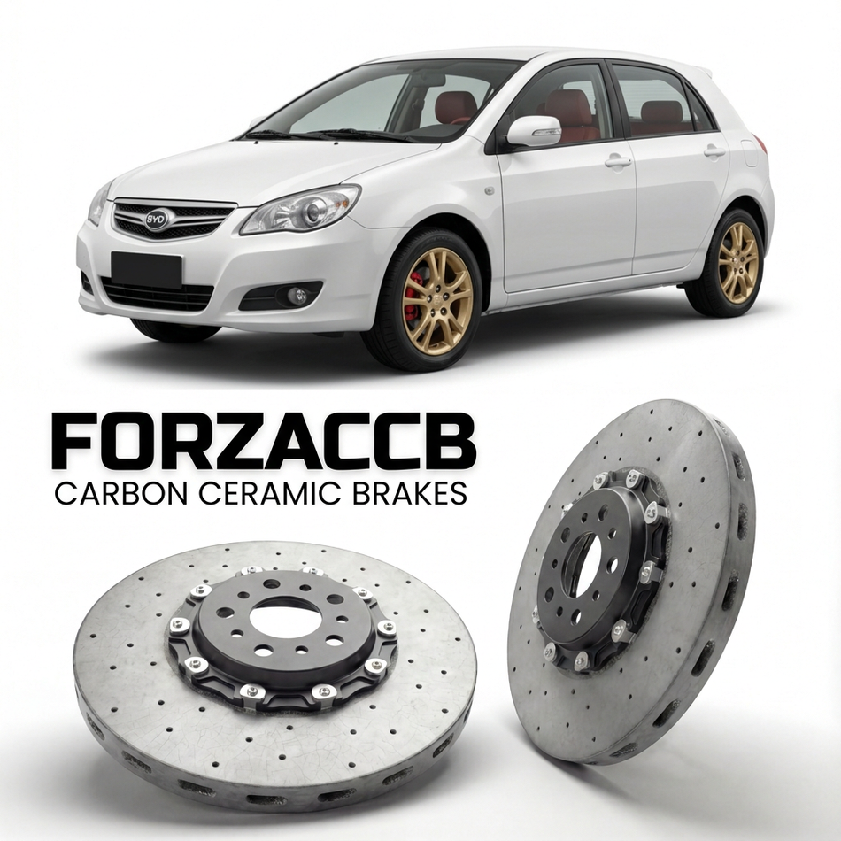 ForzaCCB direct OEM replacement carbon ceramic brake rotors for 2005 to 2008 BYD FLYER II models, shown with a white BYD FLYER II car.