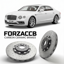 ForzaCCB direct OEM replacement carbon ceramic brake rotors for 2013 to 2015 Bentley Flying Spur II models, shown with a white Bentley Flying Spur car.