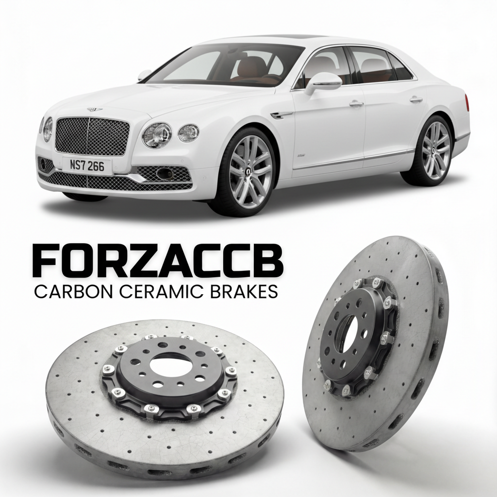 ForzaCCB direct OEM replacement carbon ceramic brake rotors for 2013 to 2015 Bentley Flying Spur II models, shown with a white Bentley Flying Spur car.