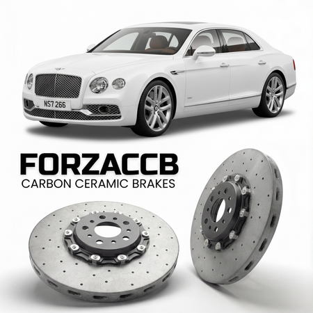ForzaCCB direct OEM replacement carbon ceramic brake rotors for 2013 to 2015 Bentley Flying Spur II models, shown with a white Bentley Flying Spur car.