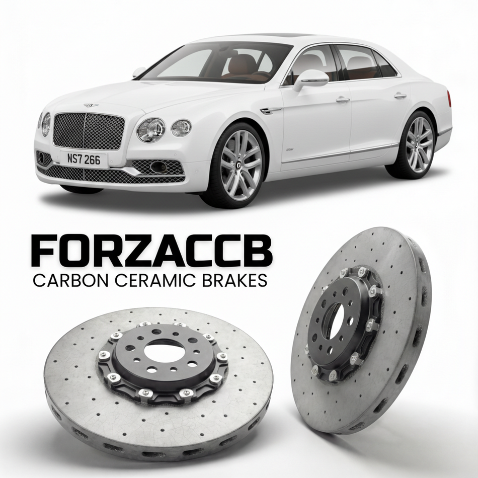 ForzaCCB direct OEM replacement carbon ceramic brake rotors for 2013 to 2015 Bentley Flying Spur II models, shown with a white Bentley Flying Spur car.