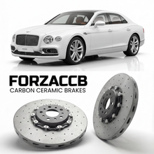 ForzaCCB direct OEM replacement carbon ceramic brake rotors for 2015-2019) Bentley Flying Spur II (facelift 2015 models, shown with a white Bentley Flying Spur car.