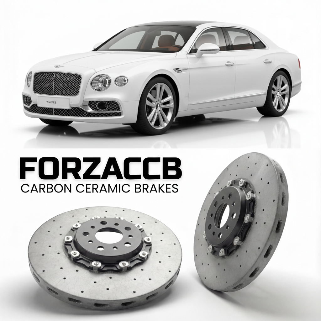 ForzaCCB direct OEM replacement carbon ceramic brake rotors for 2015-2019) Bentley Flying Spur II (facelift 2015 models, shown with a white Bentley Flying Spur car.