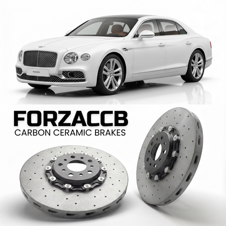 ForzaCCB direct OEM replacement carbon ceramic brake rotors for 2015-2019) Bentley Flying Spur II (facelift 2015 models, shown with a white Bentley Flying Spur car.