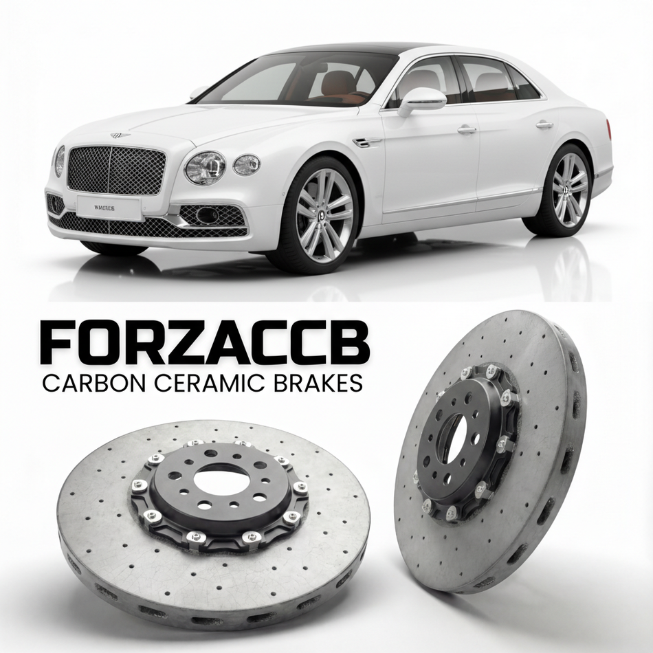 ForzaCCB direct OEM replacement carbon ceramic brake rotors for 2015-2019) Bentley Flying Spur II (facelift 2015 models, shown with a white Bentley Flying Spur car.