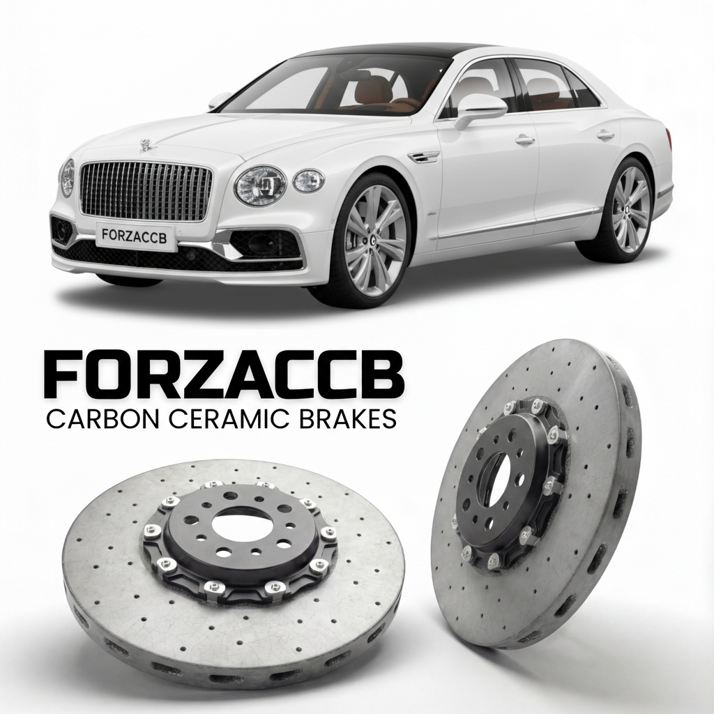 ForzaCCB direct OEM replacement carbon ceramic brake rotors for 2019 to 2024 Bentley Flying Spur III models, shown with a white Bentley Flying Spur car.