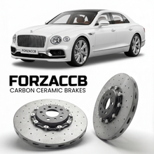 ForzaCCB direct OEM replacement carbon ceramic brake rotors for 2019 to 2024 Bentley Flying Spur III models, shown with a white Bentley Flying Spur car.