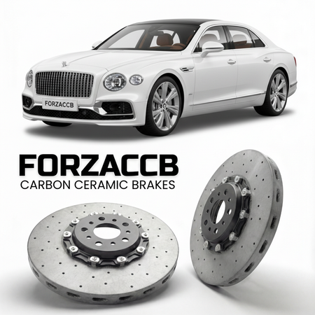 ForzaCCB direct OEM replacement carbon ceramic brake rotors for 2019 to 2024 Bentley Flying Spur III models, shown with a white Bentley Flying Spur car.