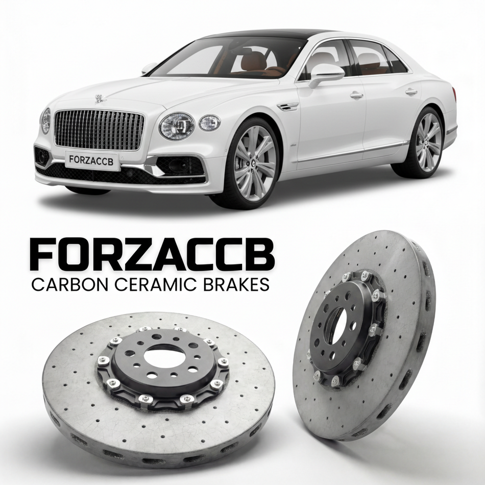 ForzaCCB direct OEM replacement carbon ceramic brake rotors for 2019 to 2024 Bentley Flying Spur III models, shown with a white Bentley Flying Spur car.