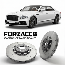 ForzaCCB direct OEM replacement carbon ceramic brake rotors for 2024 and newer Bentley Flying Spur IV models, shown with a white Bentley Flying Spur car.