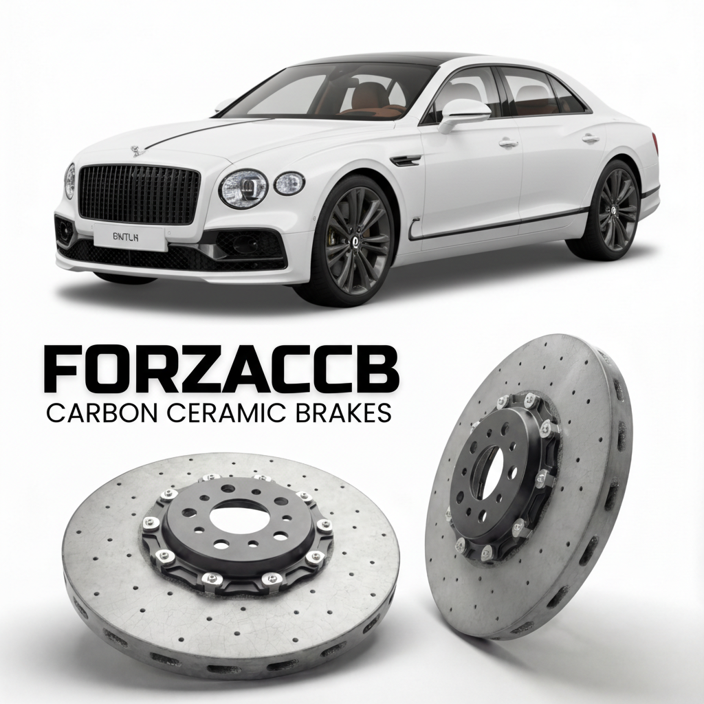 ForzaCCB direct OEM replacement carbon ceramic brake rotors for 2024 and newer Bentley Flying Spur IV models, shown with a white Bentley Flying Spur car.