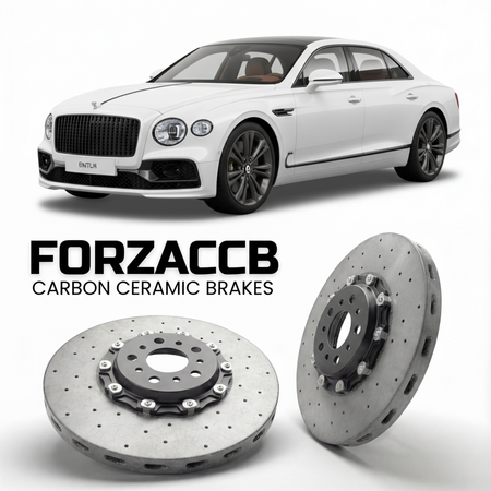 ForzaCCB direct OEM replacement carbon ceramic brake rotors for 2024 and newer Bentley Flying Spur IV models, shown with a white Bentley Flying Spur car.
