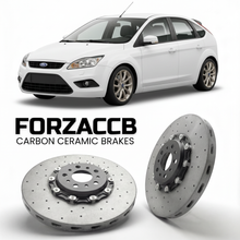 ForzaCCB direct OEM replacement carbon ceramic brake rotors for 2005 to 2005 Ford Focus Hatchback I models, shown with a white Ford Focus car.
