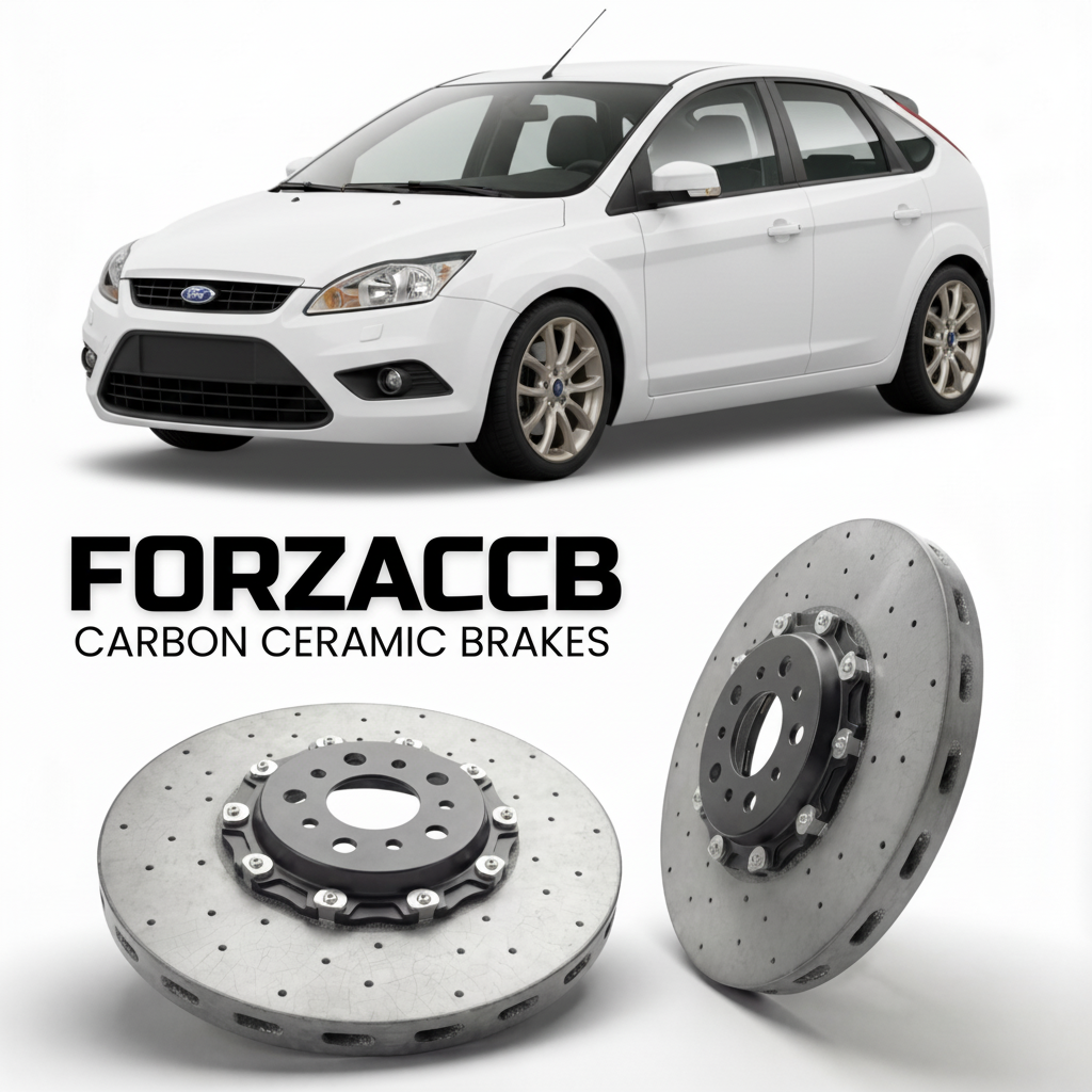 ForzaCCB direct OEM replacement carbon ceramic brake rotors for 2005 to 2005 Ford Focus Hatchback I models, shown with a white Ford Focus car.