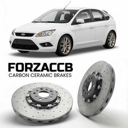 ForzaCCB direct OEM replacement carbon ceramic brake rotors for 2005 to 2005 Ford Focus Hatchback I models, shown with a white Ford Focus car.