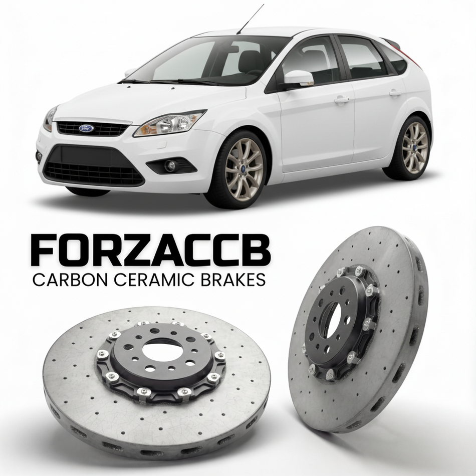 ForzaCCB direct OEM replacement carbon ceramic brake rotors for 2005 to 2005 Ford Focus Hatchback I models, shown with a white Ford Focus car.