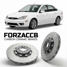 ForzaCCB direct OEM replacement carbon ceramic brake rotors for 2005 to 2005 Ford Focus I Sedan models, shown with a white Ford Focus car.