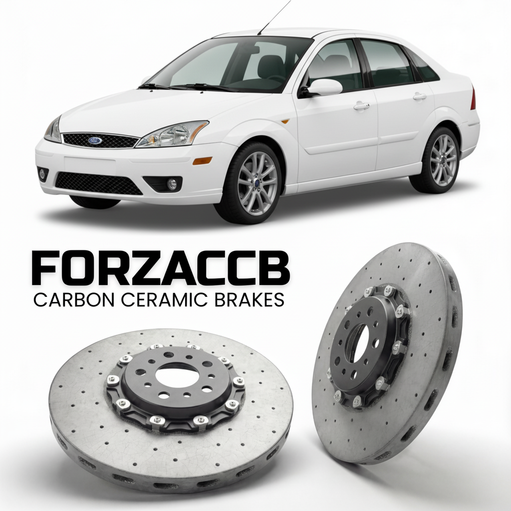 ForzaCCB direct OEM replacement carbon ceramic brake rotors for 2005 to 2005 Ford Focus I Sedan models, shown with a white Ford Focus car.