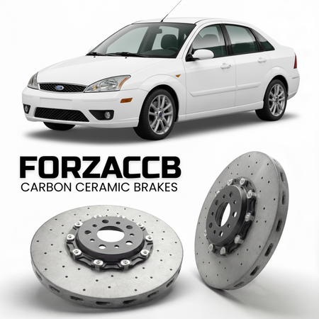 ForzaCCB direct OEM replacement carbon ceramic brake rotors for 2005 to 2005 Ford Focus I Sedan models, shown with a white Ford Focus car.