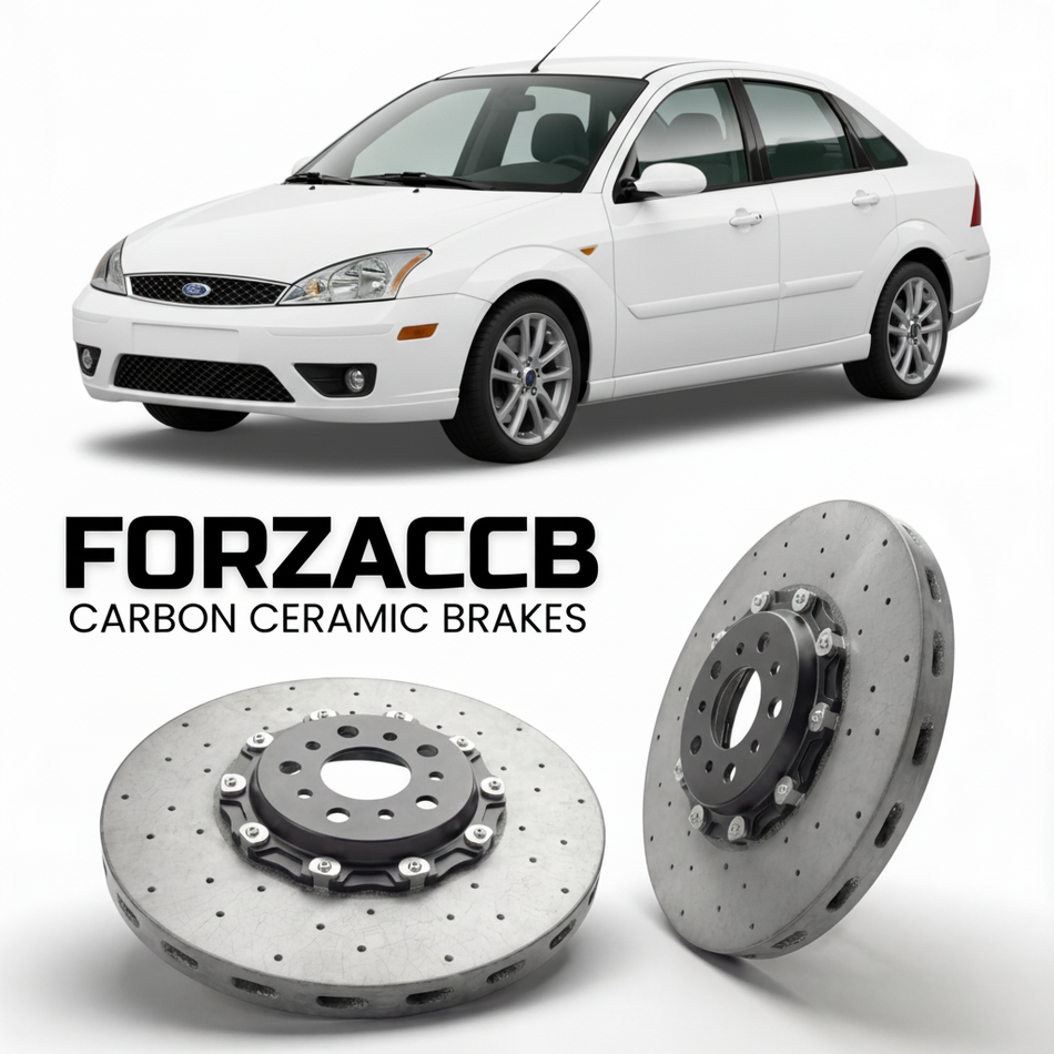 ForzaCCB direct OEM replacement carbon ceramic brake rotors for 2005 to 2005 Ford Focus I Sedan models, shown with a white Ford Focus car.