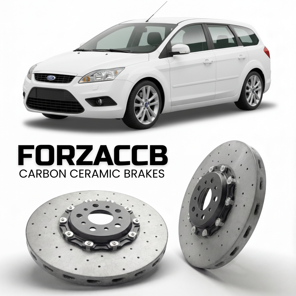 ForzaCCB direct OEM replacement carbon ceramic brake rotors for 2005 to 2005 Ford Focus Turnier I models, shown with a white Ford Focus car.