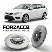 ForzaCCB direct OEM replacement carbon ceramic brake rotors for 2005 to 2005 Ford Focus Turnier I models, shown with a white Ford Focus car.