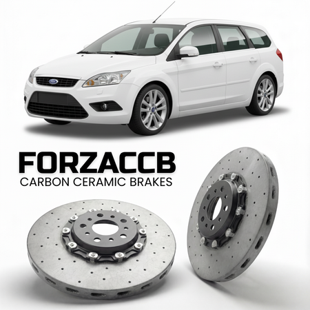 ForzaCCB direct OEM replacement carbon ceramic brake rotors for 2005 to 2005 Ford Focus Turnier I models, shown with a white Ford Focus car.