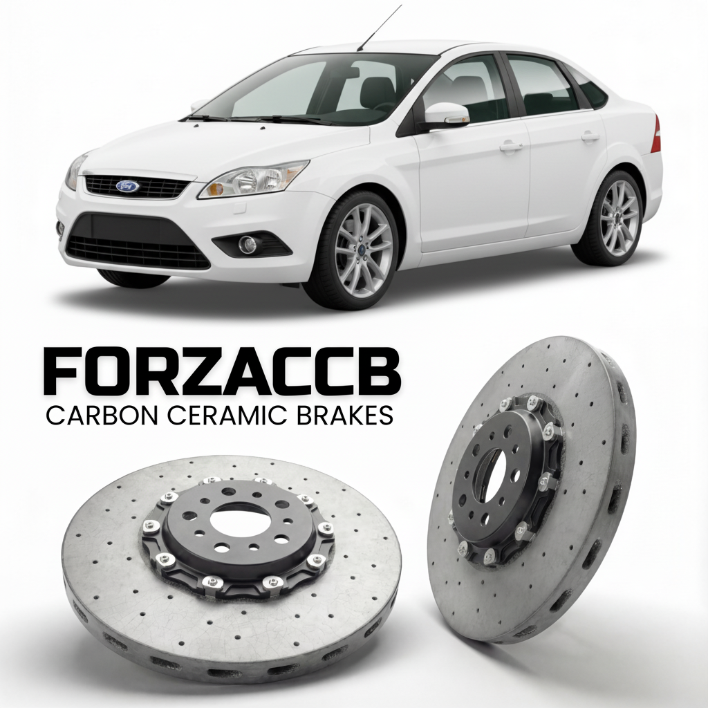 ForzaCCB direct OEM replacement carbon ceramic brake rotors for 2005 to 2010 Ford Focus II Sedan models, shown with a white Ford Focus car.