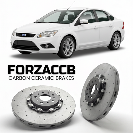 ForzaCCB direct OEM replacement carbon ceramic brake rotors for 2005 to 2010 Ford Focus II Sedan models, shown with a white Ford Focus car.
