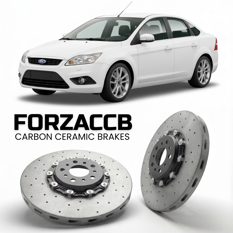 ForzaCCB direct OEM replacement carbon ceramic brake rotors for 2005 to 2010 Ford Focus II Sedan models, shown with a white Ford Focus car.