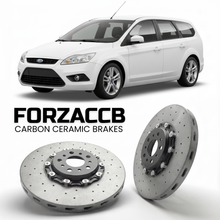 ForzaCCB direct OEM replacement carbon ceramic brake rotors for 2005 to 2010 Ford Focus Turnier II models, shown with a white Ford Focus car.