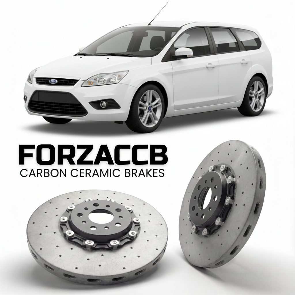 ForzaCCB direct OEM replacement carbon ceramic brake rotors for 2005 to 2010 Ford Focus Turnier II models, shown with a white Ford Focus car.