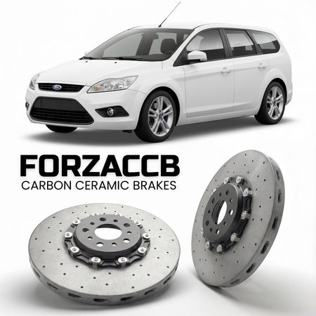 ForzaCCB direct OEM replacement carbon ceramic brake rotors for 2005 to 2010 Ford Focus Turnier II models, shown with a white Ford Focus car.