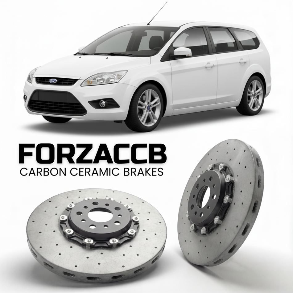 ForzaCCB direct OEM replacement carbon ceramic brake rotors for 2005 to 2010 Ford Focus Turnier II models, shown with a white Ford Focus car.