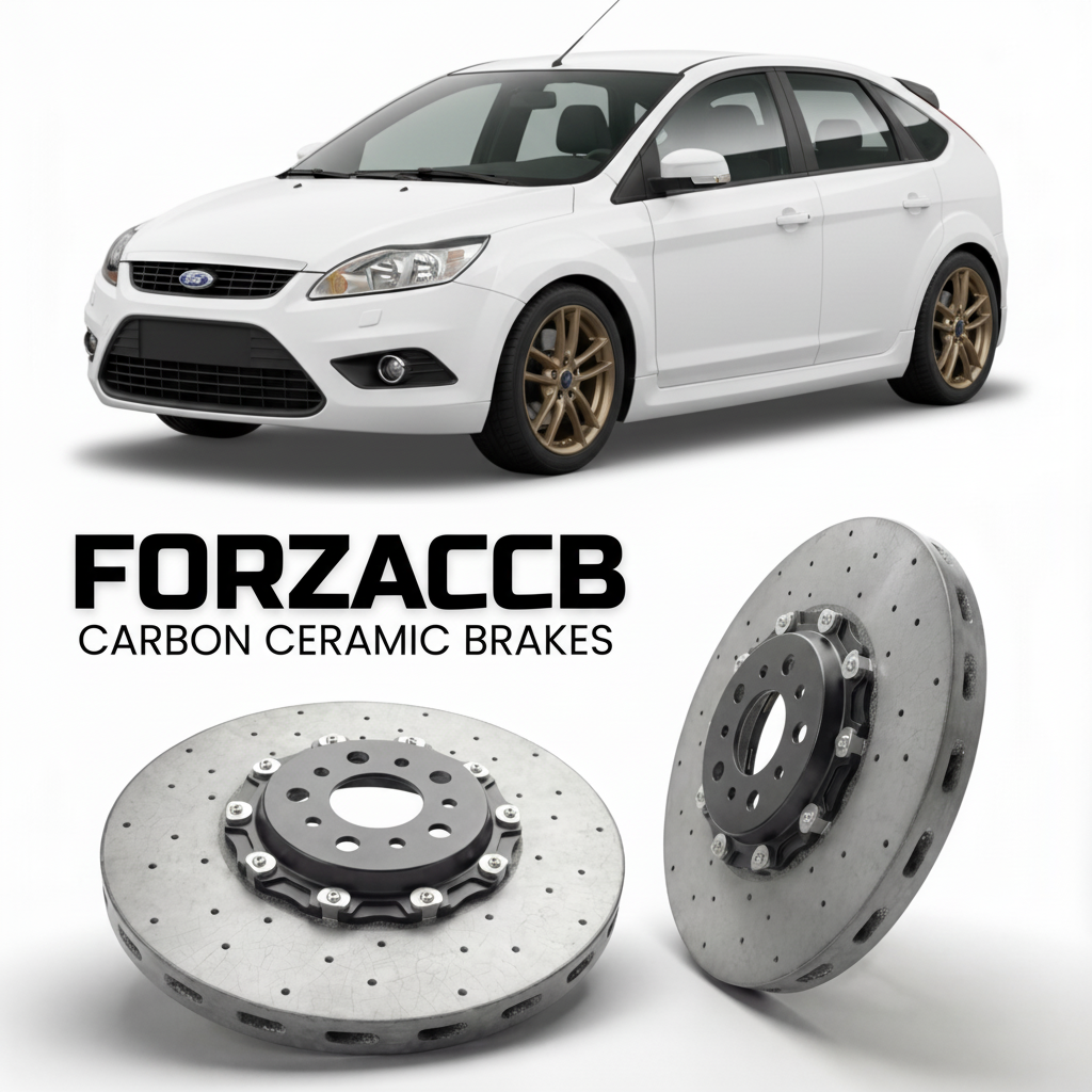 ForzaCCB direct OEM replacement carbon ceramic brake rotors for 2005 to 2012 Ford Focus II Hatchback models, shown with a white Ford Focus car.